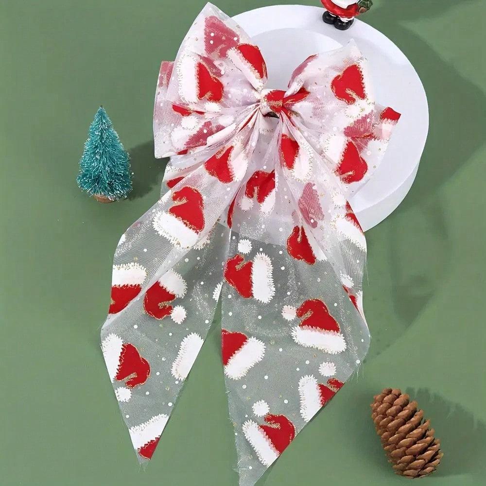 1pcs Christmas Tulle Bow Hair Clips Santa Hat Santa Claus Print Large Mesh Haipins for Women Girl Xmas Headwear Hair Accessories