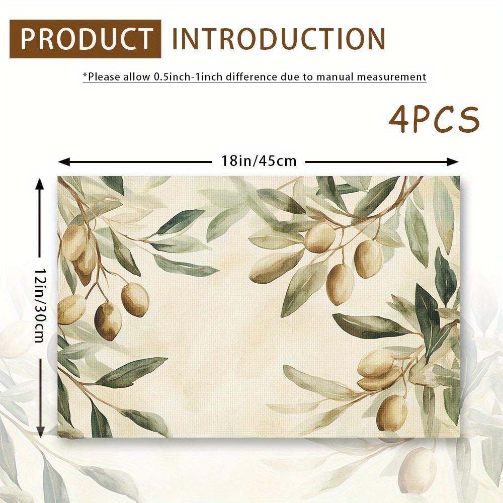 4pcs Watercolor Olive Leaf Placemats – Washable, Rectangular Design, Ideal for Dining, Kitchen & Holiday Decor