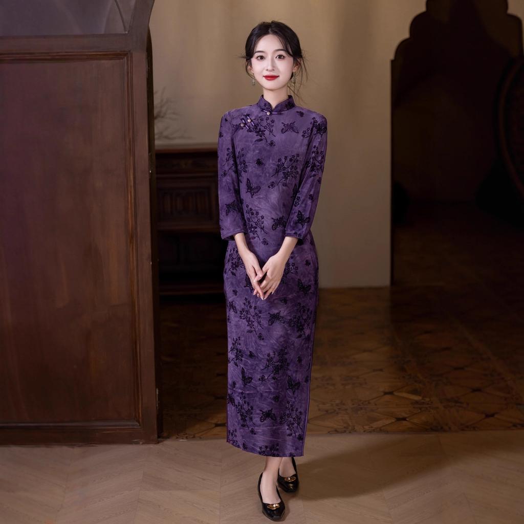 1011 autumn and winter new national style improved flocking composite cheongsam new Chinese large size long women's wedding ceremony