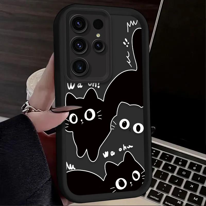 Cute Big Eyed Black Cat Phone Case for Samsung Galaxy S24 S25 S23 Ultra S22 S21 Plus FE A36 A56 A26 A16 A06 A15 A25 A35 A55 5G