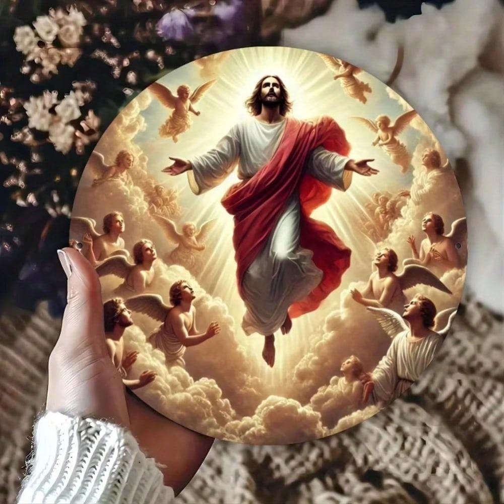 Metal Round Jesus Religious Wall Art, Angel Decor for Christian Home Living Room