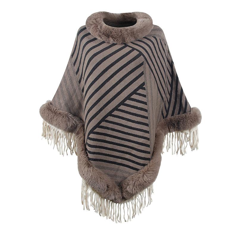 Autumn and Winter Women Stripe Loose Bat Sleeve Cross Border Cloak Cardigan Knitwear Half High Collar Sweater