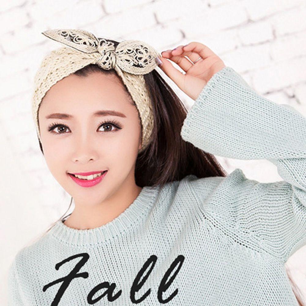 Vintage Flower Women Girl Bow Knot Headband Turban Crochet Knit Hairband Rabbit Ears Headwrap