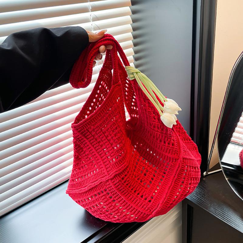 New Trend Women's Bag Crochet Handbag Retro Knitted Solid Color Hollow Top-handle Tote Bag Travel Shopper Shoulder Bag CLE