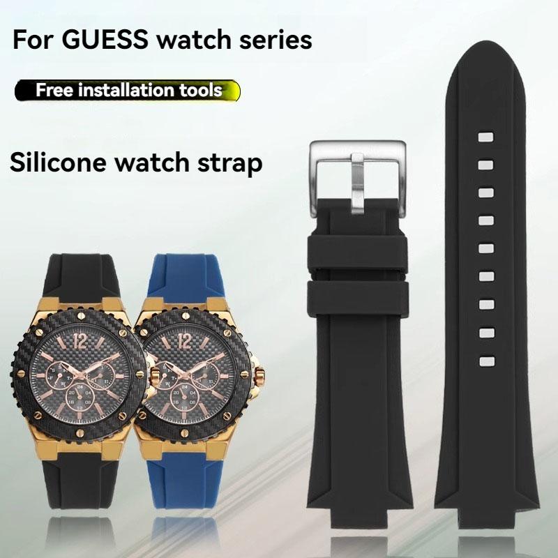 ONEFür GUESS W0149L5 Weiches Silikon-Gummi-Uhrenarmband Erhöhter Rand Herren Sport Wasserdichtes Armband Armband 26x14mm Schwarz BlauMN