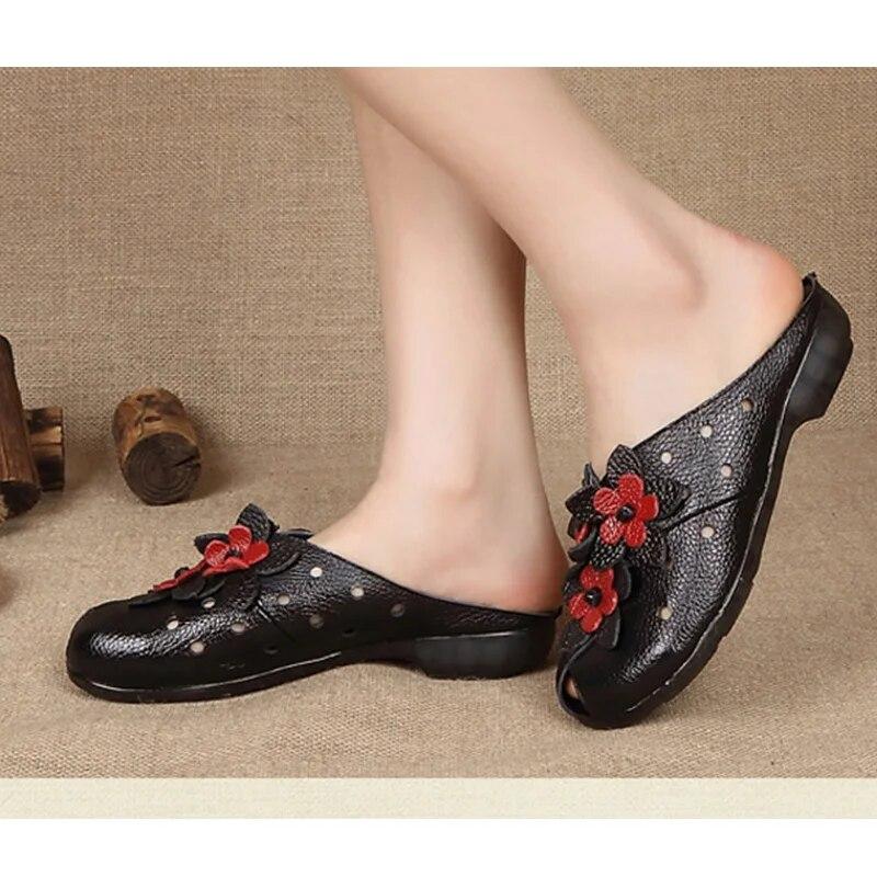 2026 Summer Genuine Leather Shoes Women Sandals Old Beijing Style Flat Shoes Tiny Flowers Shoes Black Red Plus Size 42