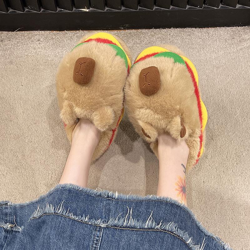 Fashion Plush Cotton Shoes Winter New Round Toe Deep Mouth Soft Sole Non-slip Wear-resistant Flat-sole Wrapped-head Slippers