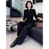 Spring and Autumn Plus-Size Women's Fashion Stand-Collar Jacket Set, Stylish Black Blazer with Wide-Leg Pants, Casual Two-Piece Set