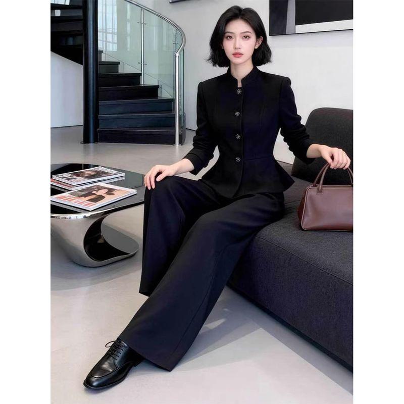Spring and Autumn Plus-Size Women's Fashion Stand-Collar Jacket Set, Stylish Black Blazer with Wide-Leg Pants, Casual Two-Piece Set