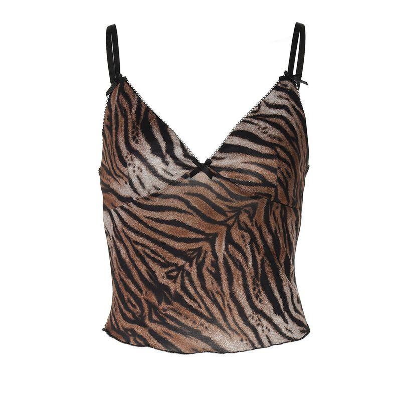 Tiger Print Low Cut V-shaped Tank Top Tiger Pattern Low Cut V-neck Sling Vest