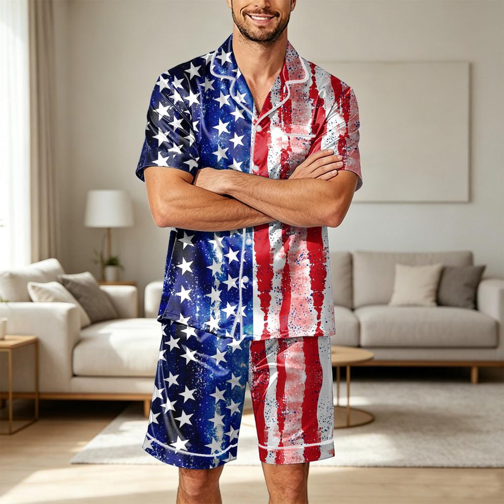 Men Satin Short Sleeve Pajama Set Two Piece Sleepwear with Shorts and Pocket Lightweight Smooth Fabric Comfortable Fit