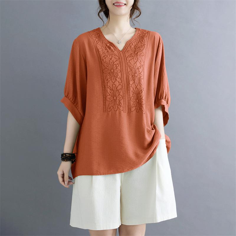 

Летние свободные топы Johnature с вышивкой в ​​китайском стиле с v-образным вырезом, повседневные винтажные однотонные блузки, рубашки для женщин One Size оранжевый