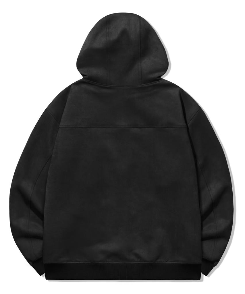 Trillion Leather Patch Suede Work Zip-Up Hoodie_Black