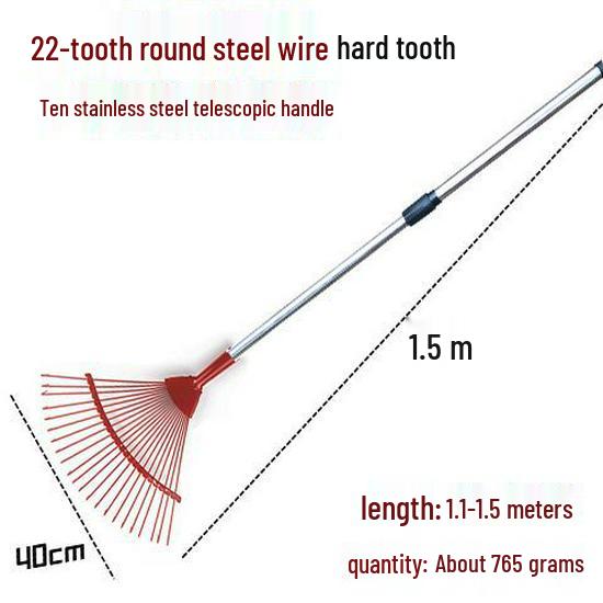 Garden Rake with Long Wooden Handle for Lawn and Leaves