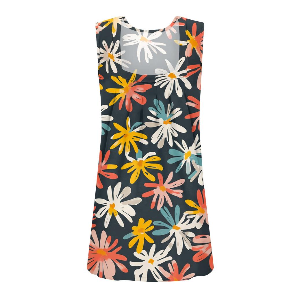 Square Collar Tank Top Women Print Tank Tee Casual Loose Fit Sleeveless Shirt