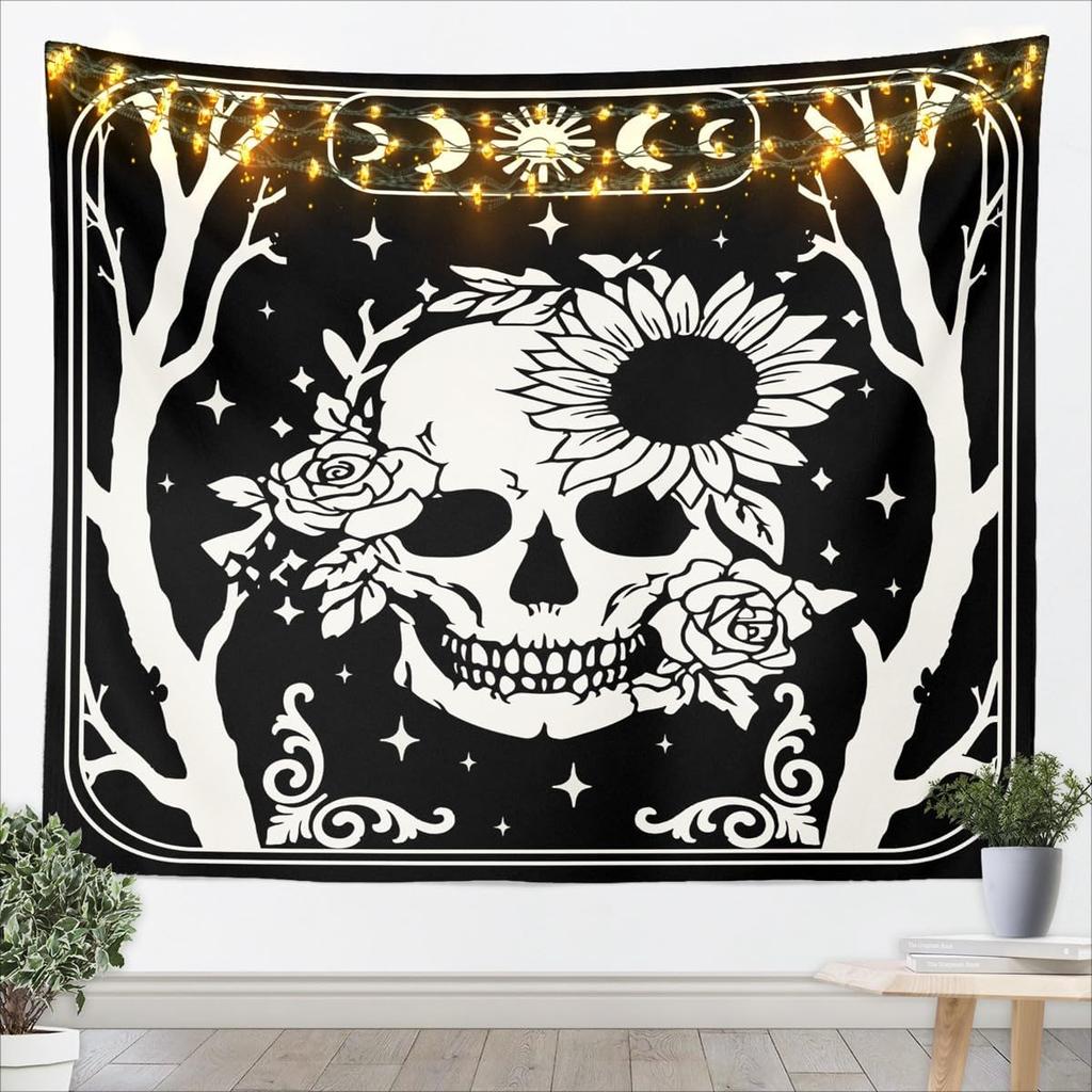 Halloween Boho Moth Tapestries Gothic Nature Wall Tapestry Boho Exotic Vintage Floral Black Wall Art For Kids Teens Youth Women