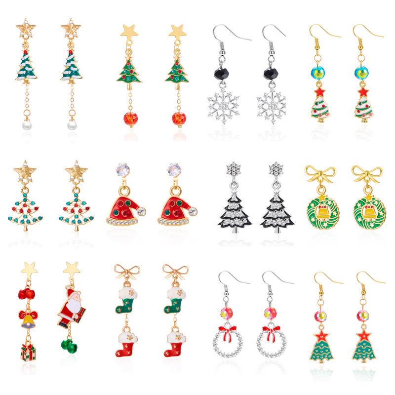 Asymmetrical Rhinestone Santa Claus & Christmas Tree Earrings