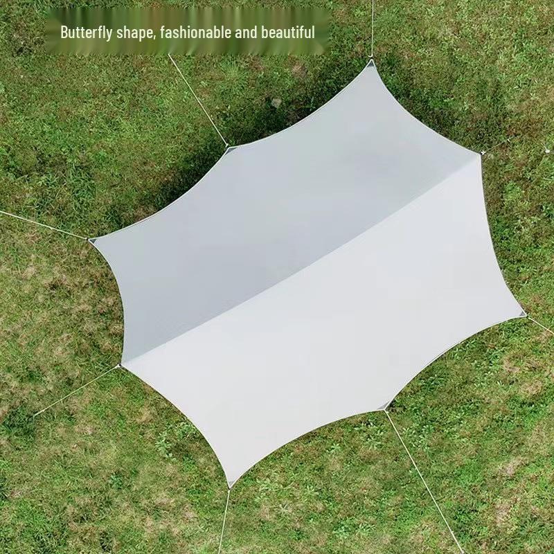 Forest Bee Outdoor Schwarzes Vinyl Campingzelt mit Regenschutz und Sonnenschutz, Sechseckiges/Achteckiges Schmetterlingsdesign, Silberbeschichtet.