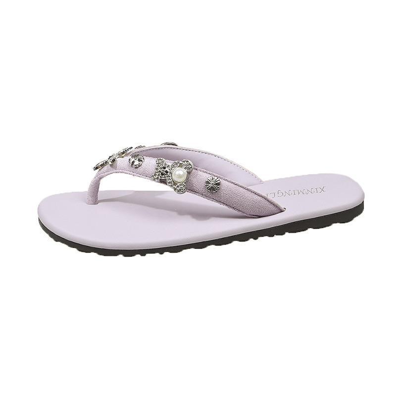 Flower Casual Temperament Toe Korean Version of Versatile Rhinestone Cool Slippers Women's Senior Clip Sandals Flip-flops Fashion Soft Sole