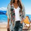 Women Beach Shirt Flower Print Thin Soft Short Sleeve Open Stitch Loose Breathable Sun Protection Anti-UV Lady Beach Cover-up