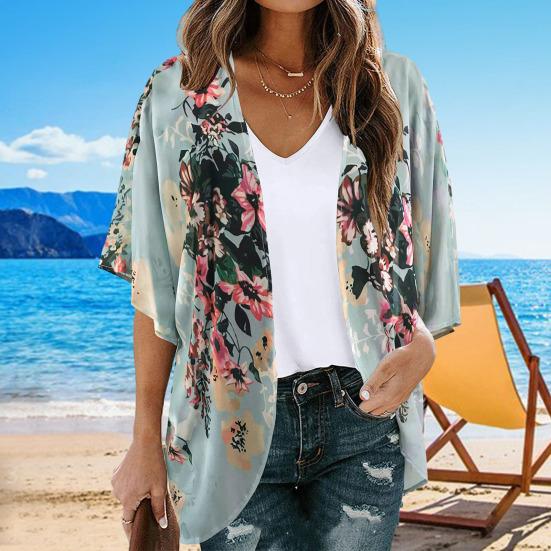 Women Beach Shirt Flower Print Thin Soft Short Sleeve Open Stitch Loose Breathable Sun Protection Anti-UV Lady Beach Cover-up