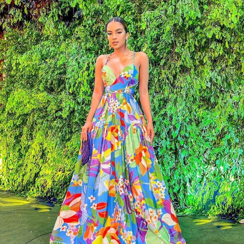 

European and American-Style Holiday Floral Print off-Shoulder Dress Blue S