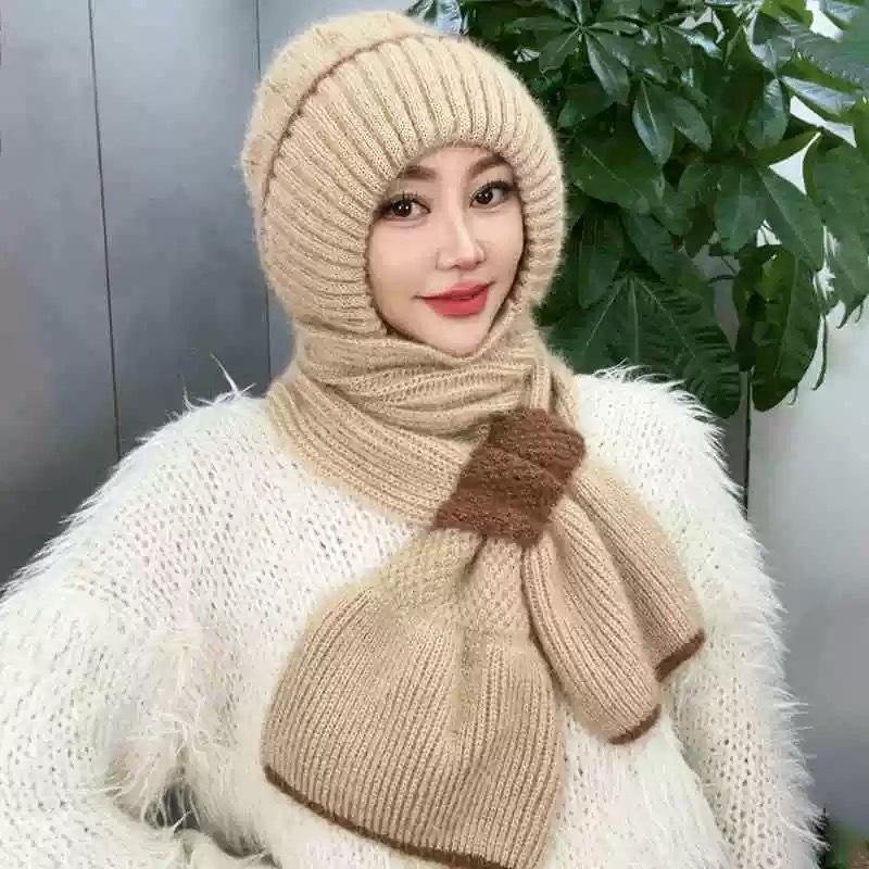 Winter warm neck protection mother ear protection headgear fleece knitted snow hat scarf integrated hat women