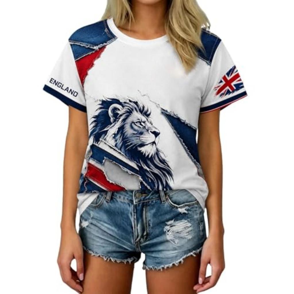 Women's Round Neck Short Sleeve Football Fan Shirt England World Cup Supporter Top Casual Fit Lightweight Breathable Fabric