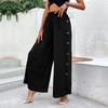 Women's Summer New Loose Simple Style High Waist Button Split Black Wide Leg Trousers