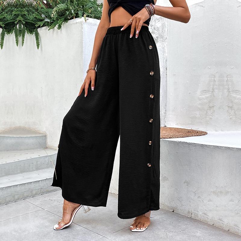 Women's Summer New Loose Simple Style High Waist Button Split Black Wide Leg Trousers