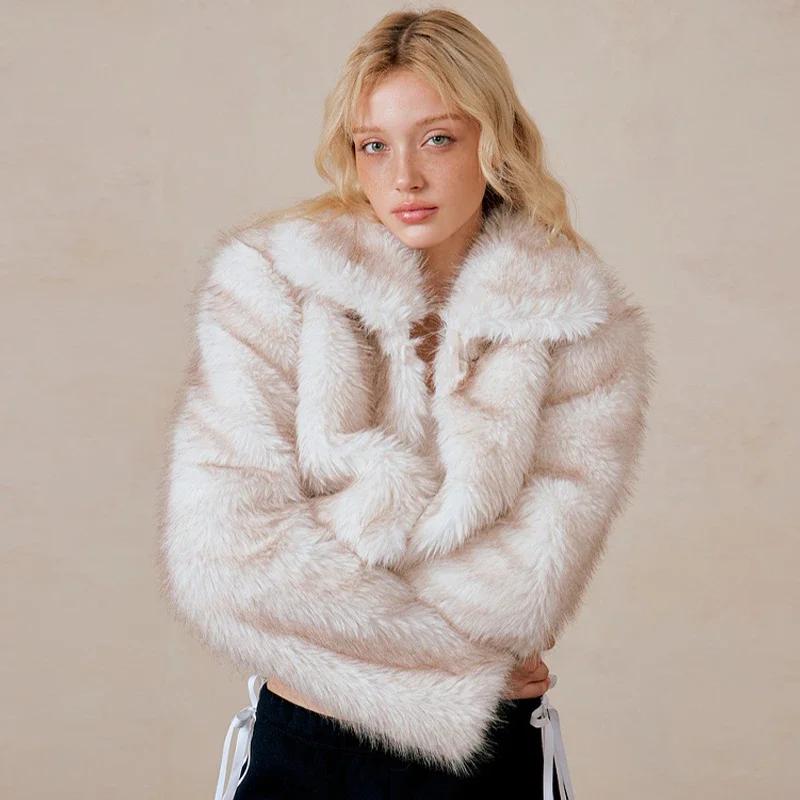 Luxury Fluffy Faux Fur Coat Women Cropped Turn Down Collar Jacket Fashion Thick War Outerwear 2024 Lady New Streetwear Overcoats