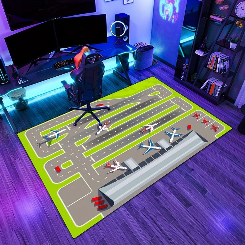 1pc Soft Washable Airport-Themed Rectangular Carpet - Green with Airplane & Runway Design, Polyester Material for Living Room