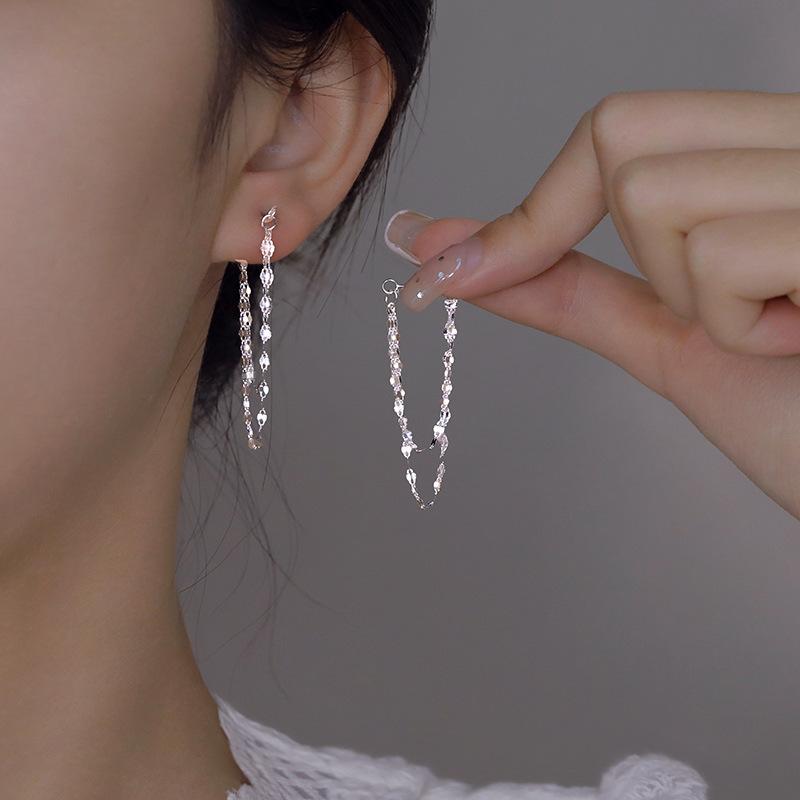 925 Silver Double Layered Tassel Earrings, Long Sparkling Chain Earrings, Exquisite And Fashionable Jewelry