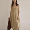 Johnature Summer Spaghetti Strap Dresses Simple Solid Color Fold All Match Cotton Backless Loose Women Dress