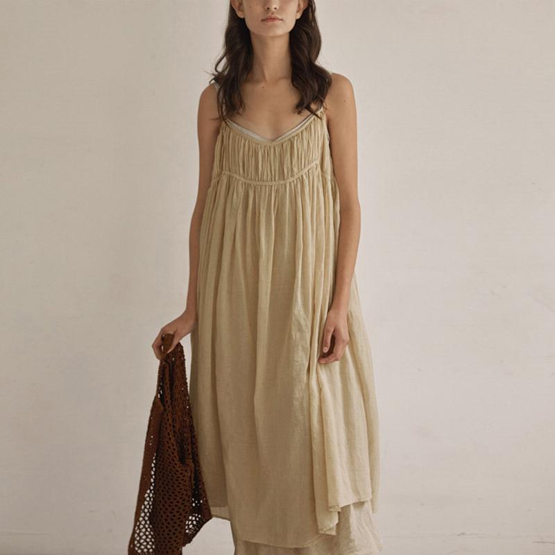 Johnature Summer Spaghetti Strap Dresses Simple Solid Color Fold All Match Cotton Backless Loose Women Dress
