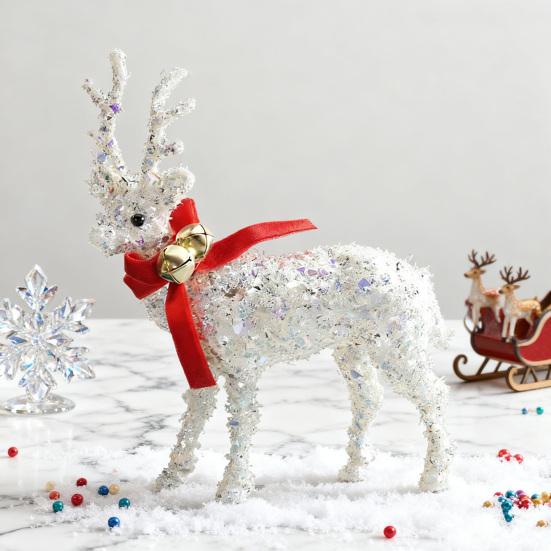 Christmas Reindeer Figurine Plastic White Elk Sculpture with Scarf Small Deer Statue Table Ornaments for Xmas Tabletop Mantel Shelf Decor