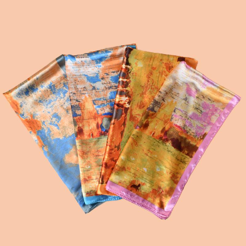 New women's 91CM satin landscape ink painting printing square scarf with sunscreen bag head silk scarf wholesale