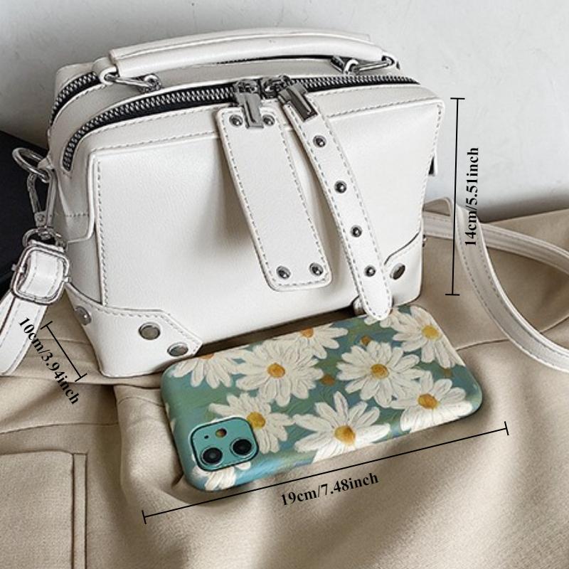 2026 Women's PU Rivet Shoulder Bag Multi Functial Crossbody Bag Handheld Boxed Makeup Bag Solid Color Small Square Bag