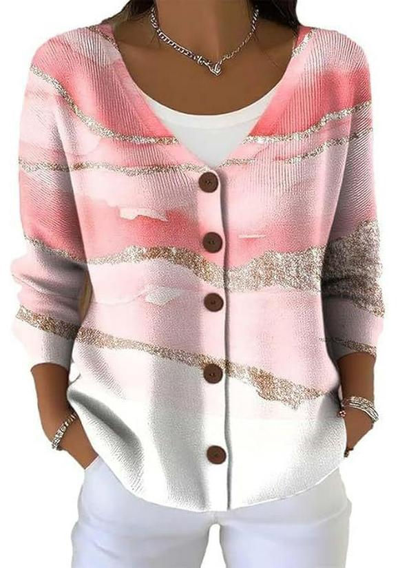 V-Neck 5-Button Printed Cardigan Sweater