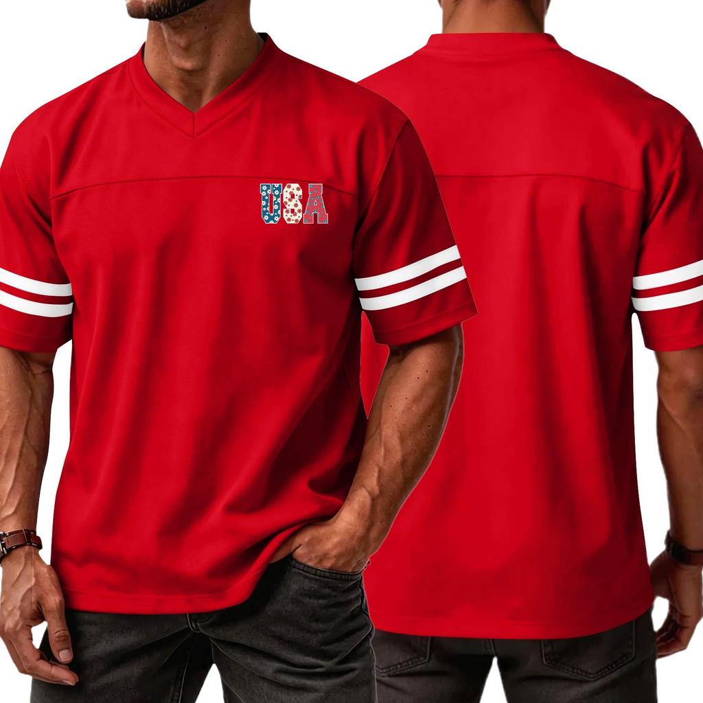 Men V Neck Short Sleeve Jersey Top with USA Independence Day Print and Striped Sleeve Athletic Casual Style Shirt for Sports and Daily Wear