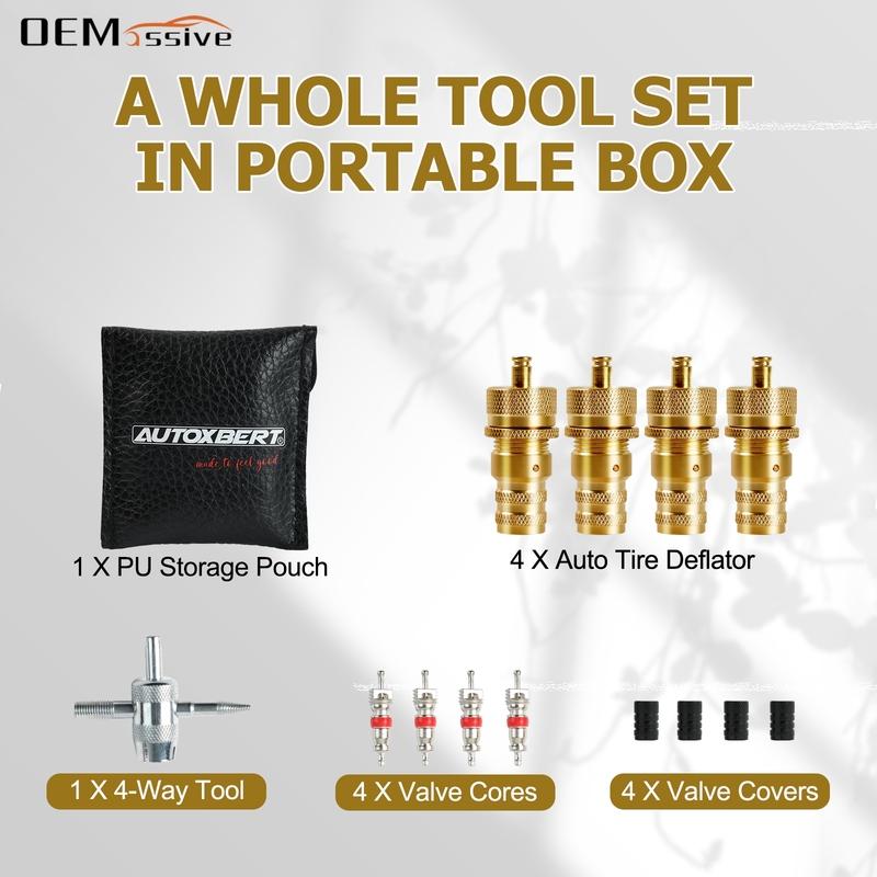 4PCS 6-30 PSI Adjustable Auto-Stop Tire Deflator Screw-on Tyre Air Down Tool Valve Cap Core 4WD Jeep Truck Pickup Motorcycle RV