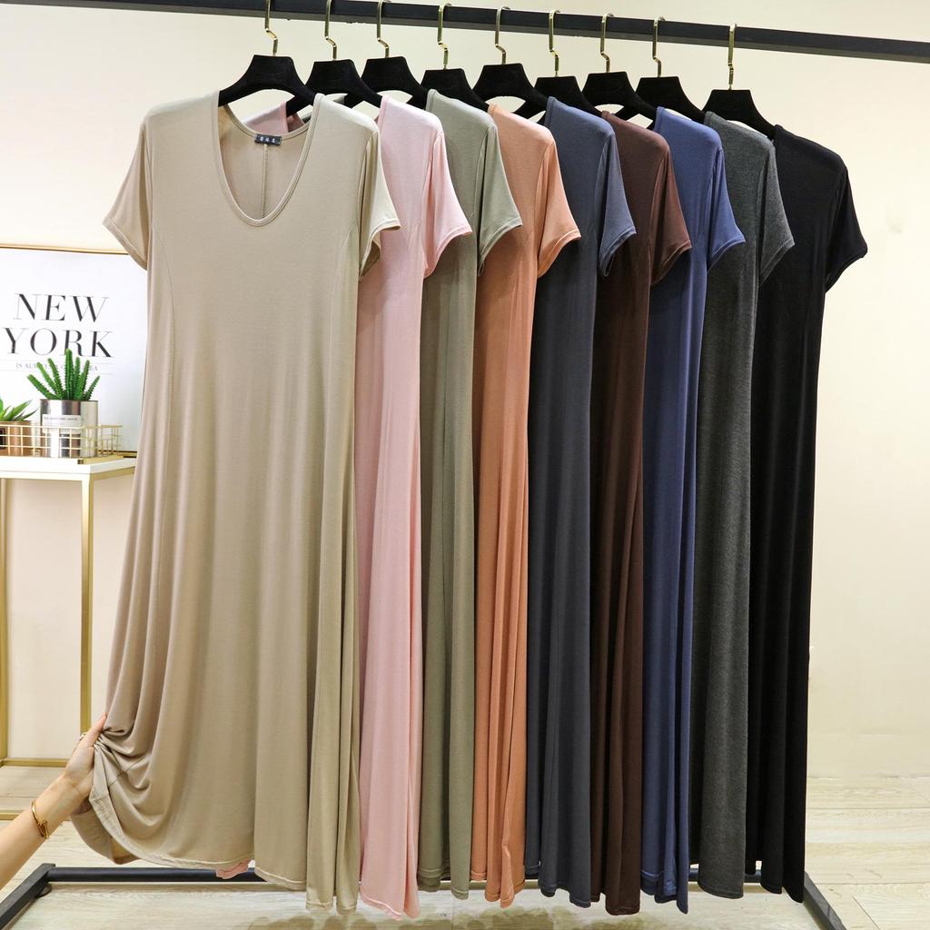 Women's Modal Short-Sleeve Long Summer Dress - Loose, Casual Plus Size Home & Outdoor Wear