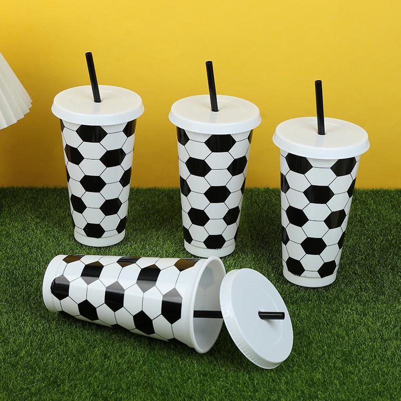 6/12pcs Reusable Plastic Soccer Cups with Lid Straws Kids Football Party Favors Sports Themed Birthday Decoration Supplies Gifts
