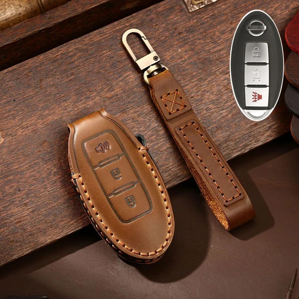 

Luxury Leather Car Key Case Cover Fob Protector Keyring For Nissan Patrol Y62 Accessories 5 Button Keychain Holder Shell
