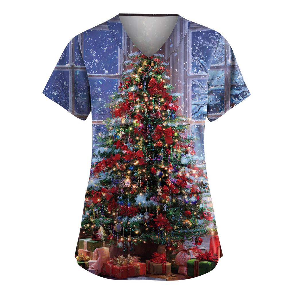 Women's Fashion V-Neck Short-Sleeved Workwear With Pockets Christmas Print Top Caregiver Uniform
