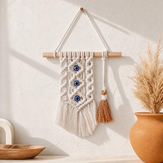 Bohemian Wall Tapestry, Blue Evil Eye Braided Tapestry, Knotted Cotton Rope Tapestry for Home Nursery Bedroom Living Room Wall Decor