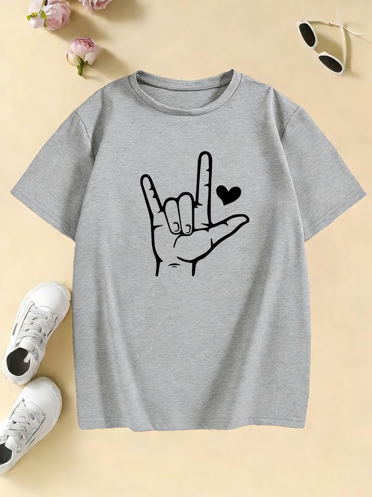 Graphic Hand with Love Printed Design T Shirts Kids Childrens Tshirt Boys Girls Summer Spring Casual Top Tee Shirt