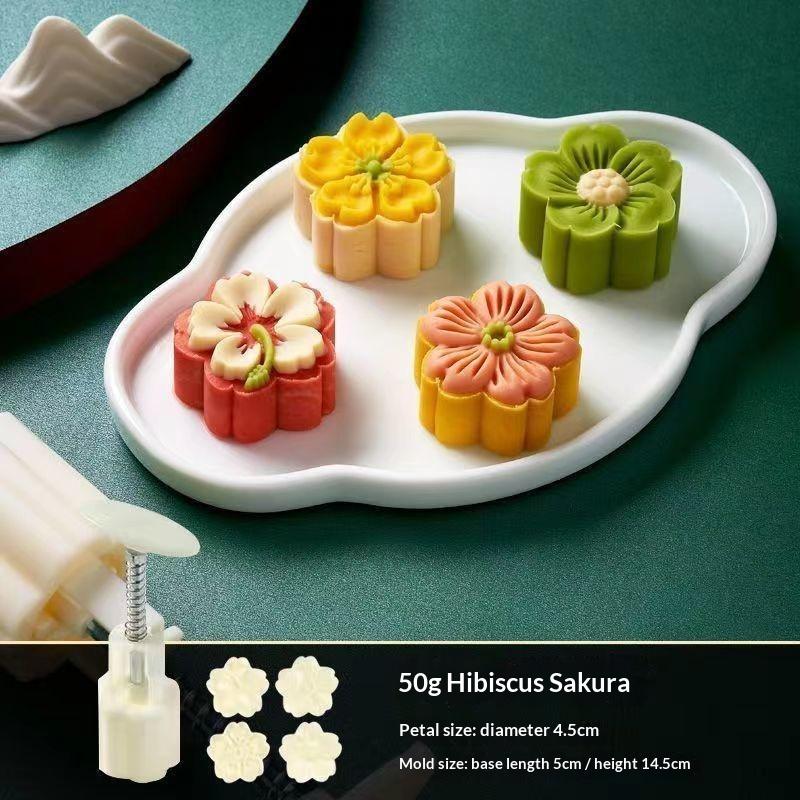 Mooncake Mold Plastic Hand-Pressure Cookie Stamps Flower Cherry Pattern Plungers Pastry Decoration Tool Mid-Autumn Festival