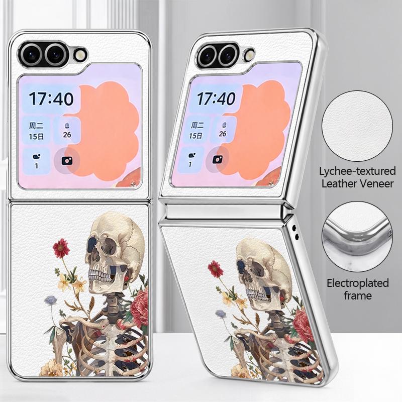 Skull Skeleton Pattern Case For Samsung Galaxy Z FlIP 7 FE 6 5 Plating PC+PU Leather Hybrid Folding Cover For Samsung Z Flip7 Flip6 Flip5