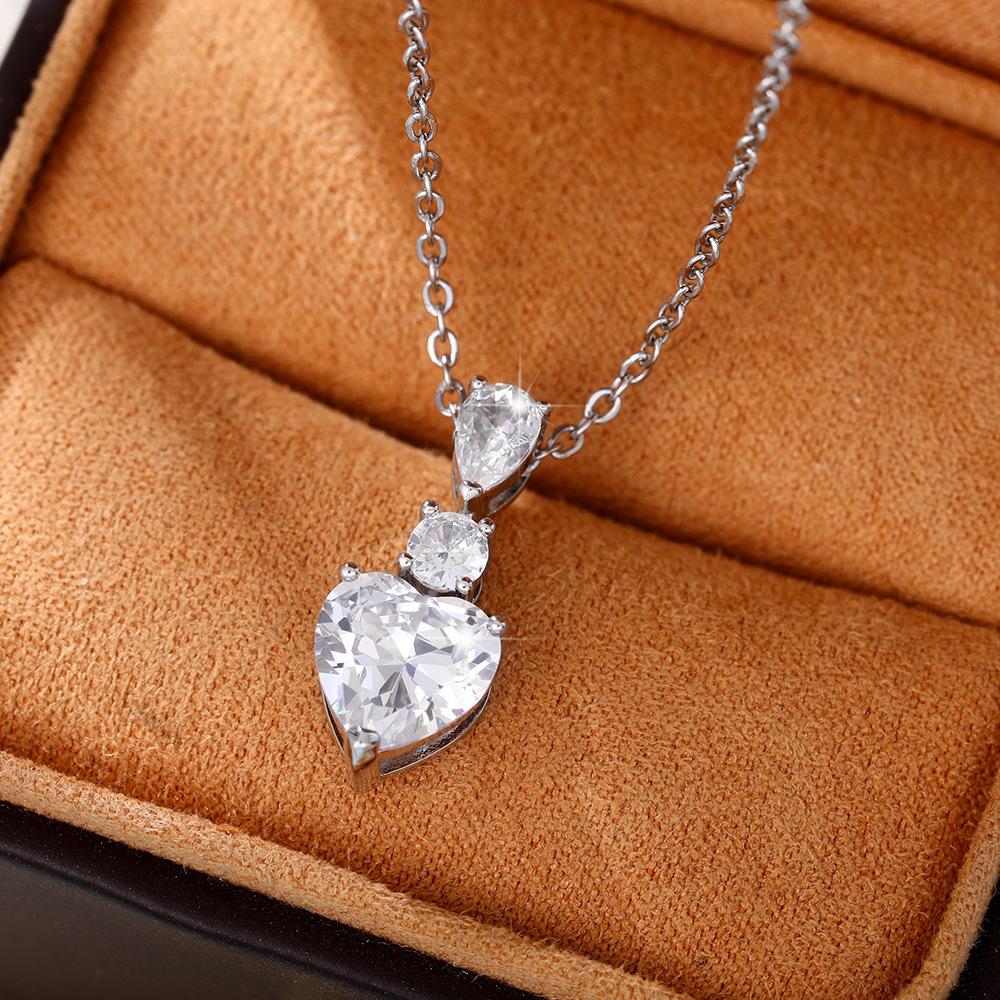 Fashion Silver Color Love Heart Necklace Earrings Cubic Zirconia  Set Elegant  Stamp  Women Wedding  Set